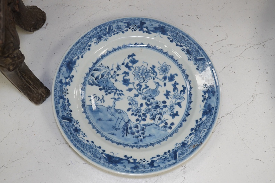 A Chinese celadon glazed vase, marble inset hardwood stand, 18th century Chinese Export blue and white plate, pot and cover and a circular wood stand, tallest 20cm. Condition - fair to good